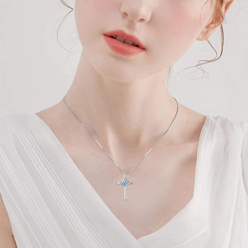 925 Sterling Silver Birthstone Cross Necklace for Women