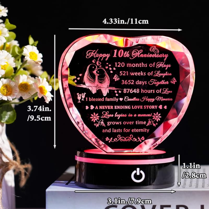 10th Anniversary Crystal Heart Keepsake Gift for Couples