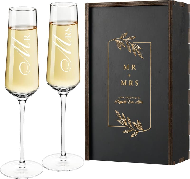 Wedding Champagne Flutes Set - Crystal Mr & Mrs Gifts for Couples