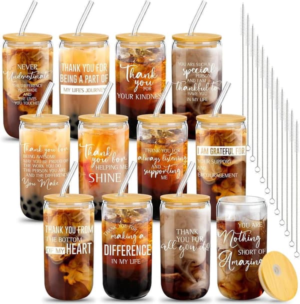 Employee Appreciation Gifts: 16 oz Glass Cups Set with Lids & Straws