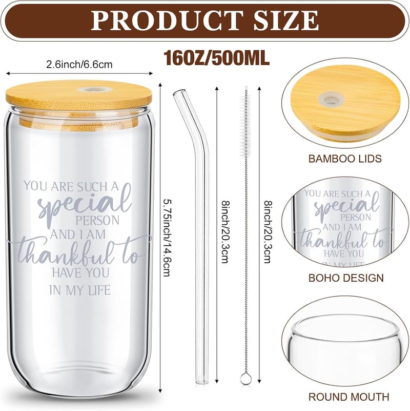 Employee Appreciation Gifts: 16 oz Glass Cups Set with Lids & Straws
