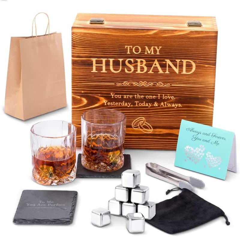 Anniversary Whiskey Stones Gift Set for Him with Glasses