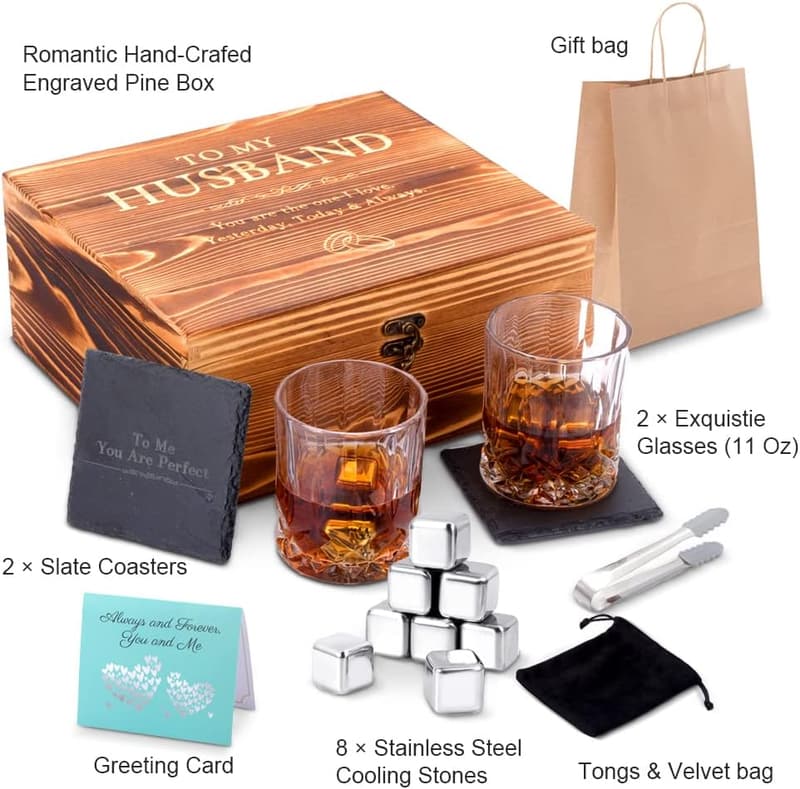 Anniversary Whiskey Stones Gift Set for Him with Glasses