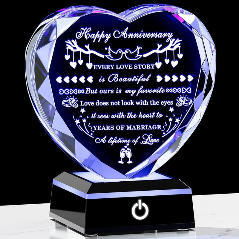 Happy Anniversary Crystal Heart Gift with LED Base for Couples