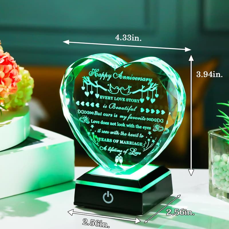 Happy Anniversary Crystal Heart Gift with LED Base for Couples