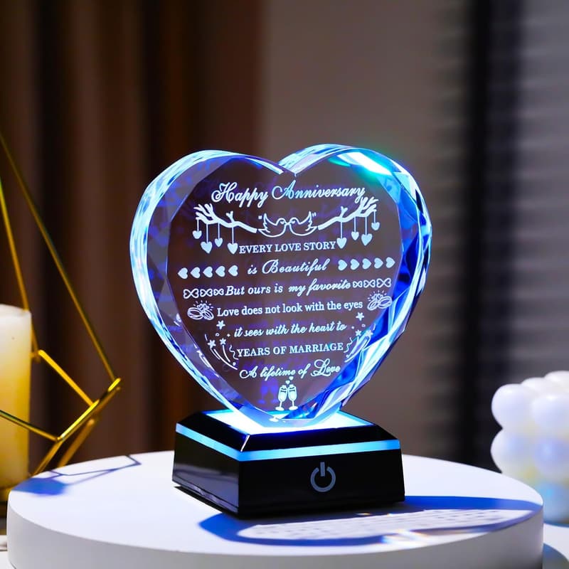 Happy Anniversary Crystal Heart Gift with LED Base for Couples