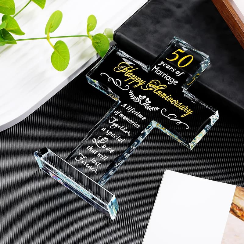 50th Anniversary Laser Engraved Glass Cross Keepsake for Couples