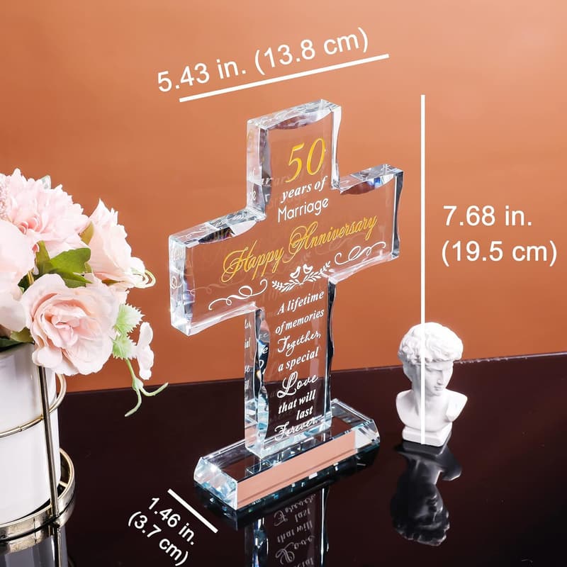 50th Anniversary Laser Engraved Glass Cross Keepsake for Couples
