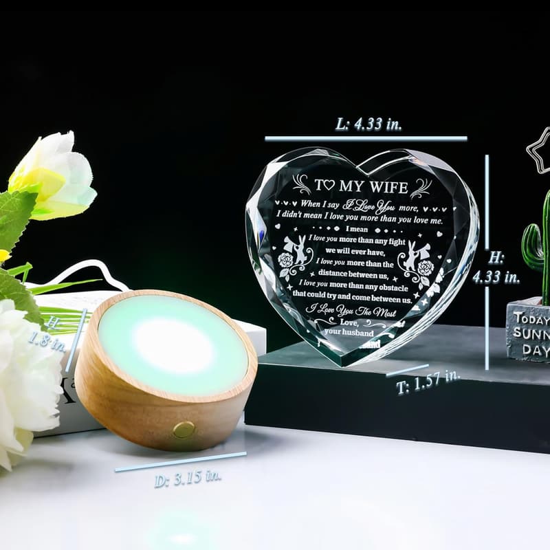 Romantic Heart Crystal Gift for Wife with LED Base