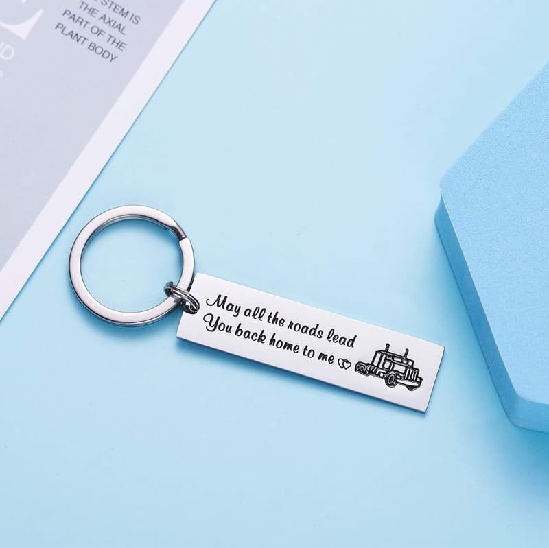 Truck Driver Keychain - Stainless Steel 'Roads Lead Home' Gift for Men
