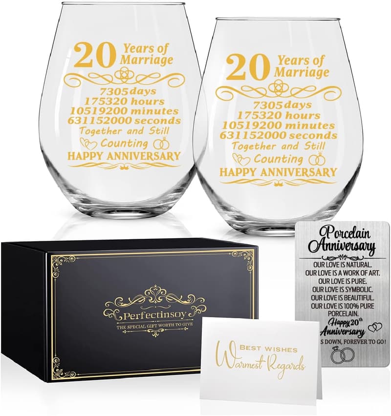 20th Anniversary Wine Glasses Set with Metallic Card