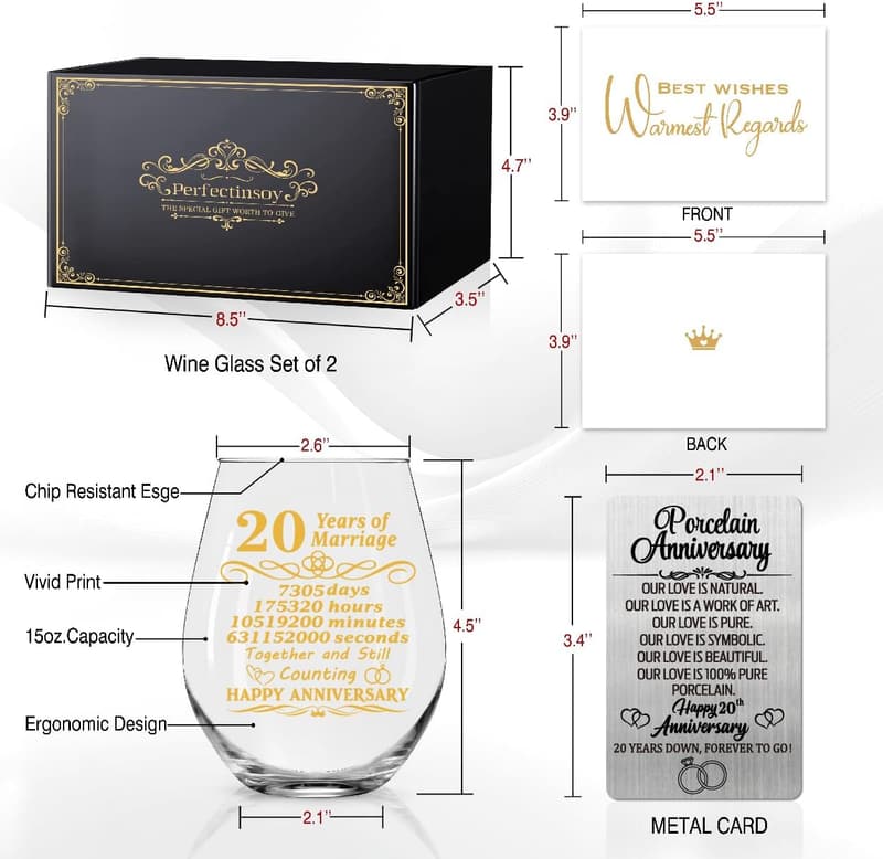 20th Anniversary Wine Glasses Set with Metallic Card