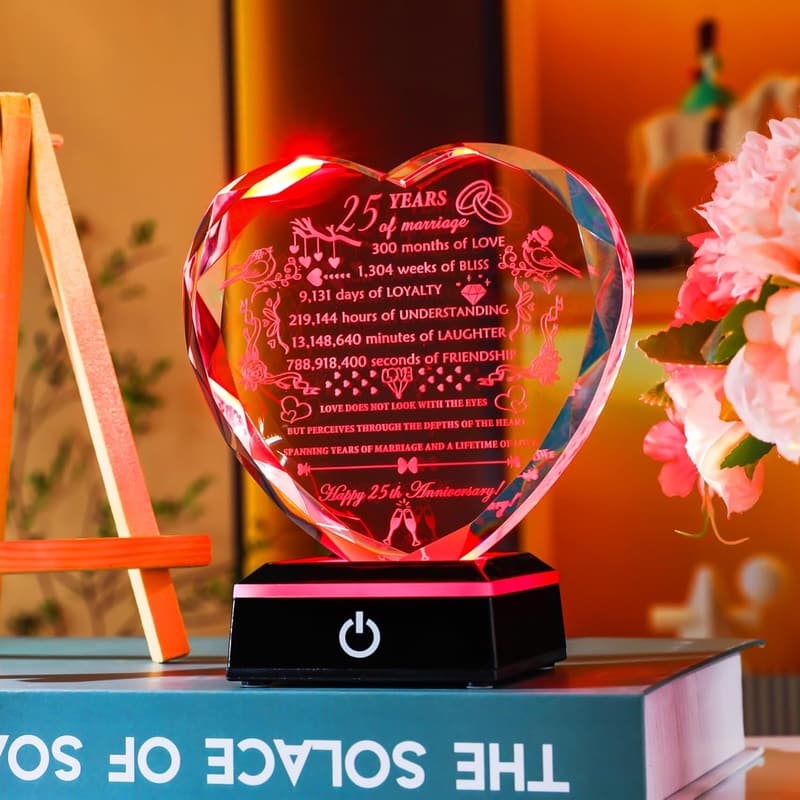 25th Anniversary Personalized Crystal Heart with LED Base for Couples