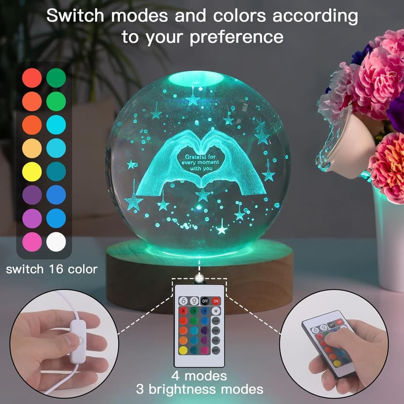 Funny Anniversary 3D Crystal Ball Night Light with Remote, 16 Colors