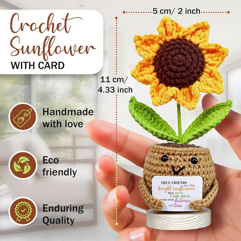 Friendship Birthday Gift: Handmade Sunflower Crochet Doll with Card