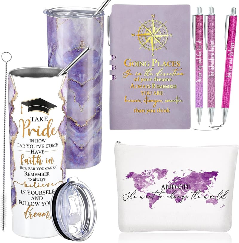 2025 Graduation Gift Set for Her: Purple Tumbler, Makeup Bag, Journal, Pen