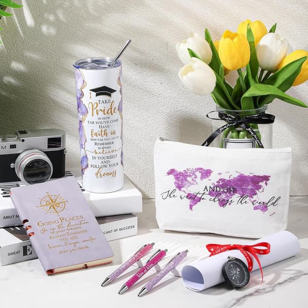 2025 Graduation Gift Set for Her: Purple Tumbler, Makeup Bag, Journal, Pen