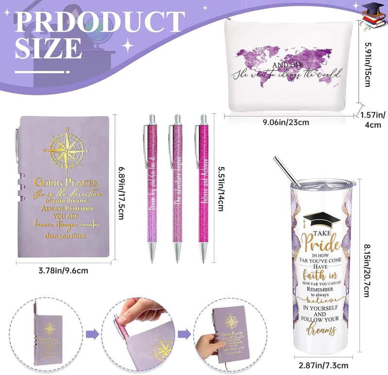 2025 Graduation Gift Set for Her: Purple Tumbler, Makeup Bag, Journal, Pen