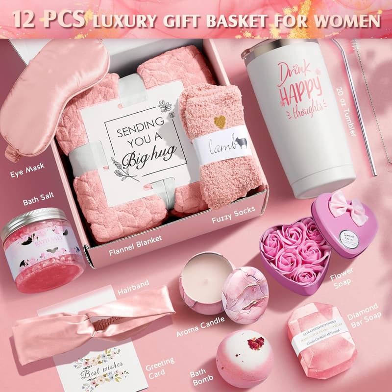 Spa Gift Set for Women - Pink Relaxation Basket for Her
