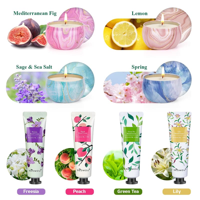 Birthday Candles & Hand Cream Gift Set for Women (8 Pack)