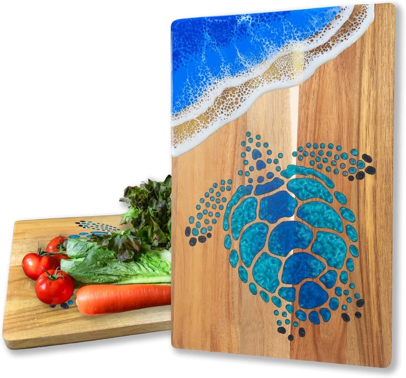Ocean Wave Acacia Wood Cutting Board with Sea Turtle Design - 15x10 inch