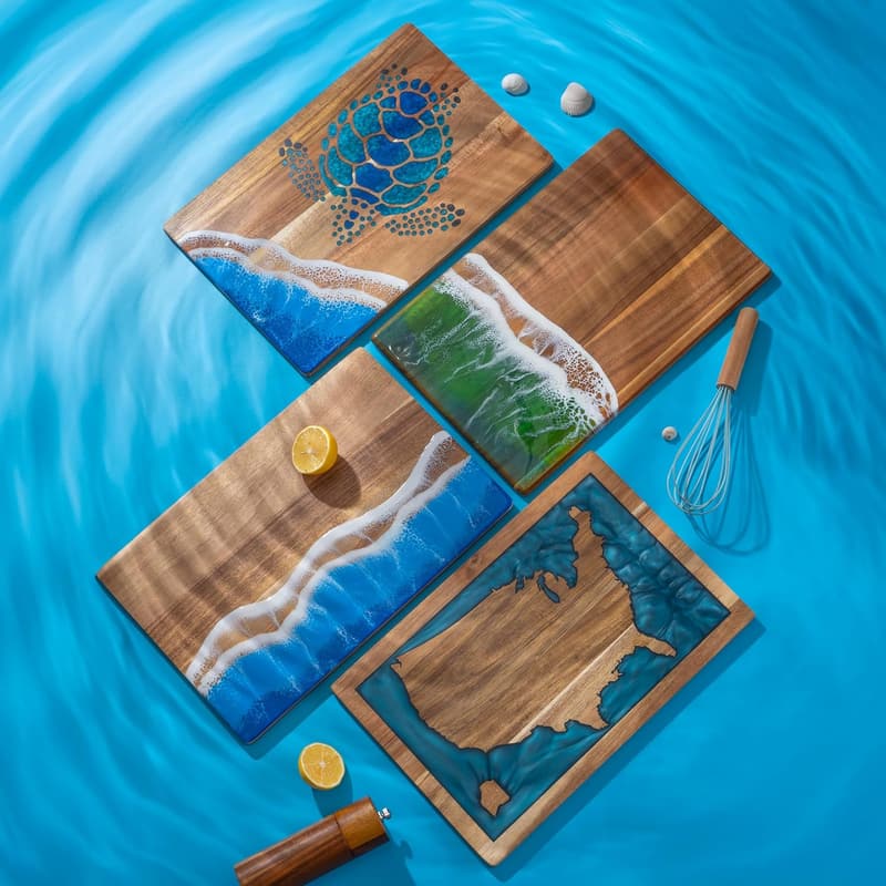 Ocean Wave Acacia Wood Cutting Board with Sea Turtle Design - 15x10 inch