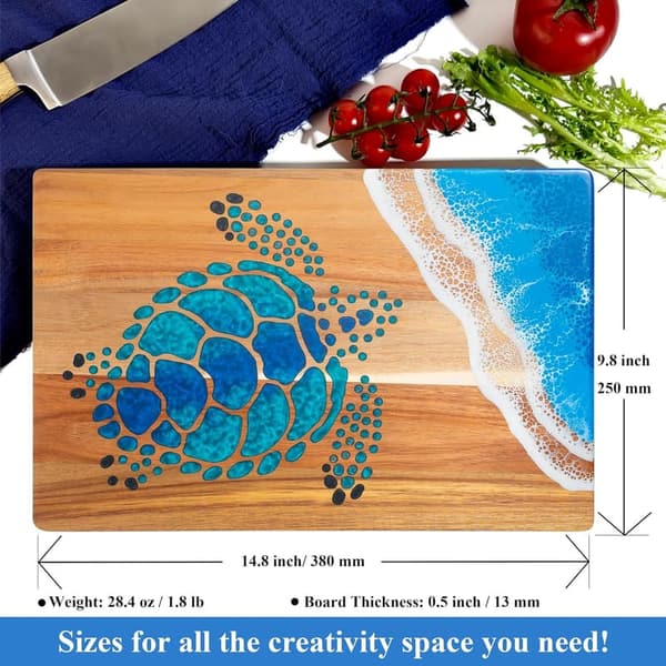 Ocean Wave Acacia Wood Cutting Board with Sea Turtle Design - 15x10 inch