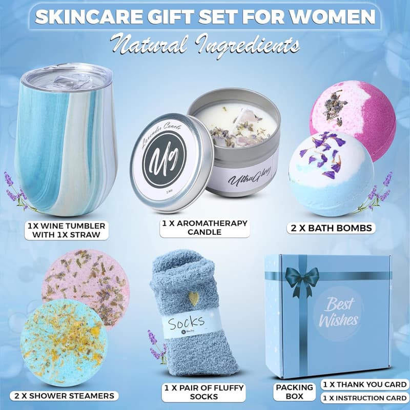 Spa Care Package for Women with Wine Tumbler & Bath Bombs