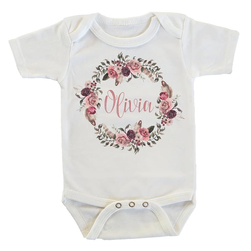 Personalized Flower Wreath Baby Onesie, Boho Style