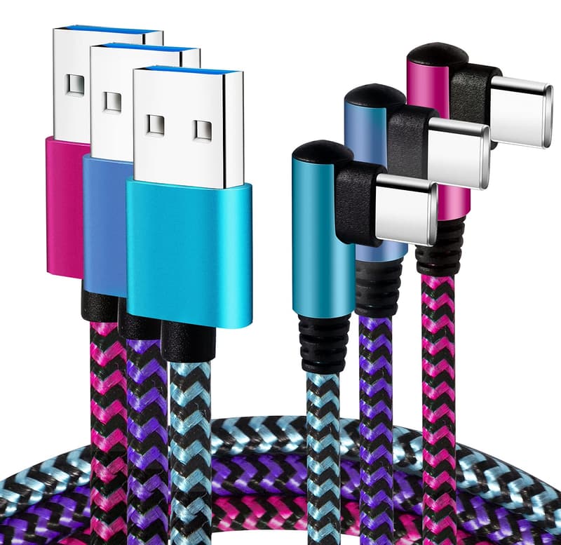 Fast Charging USB Type C Cable 2.1A - 90 Degree, 6ft, 3-Pack