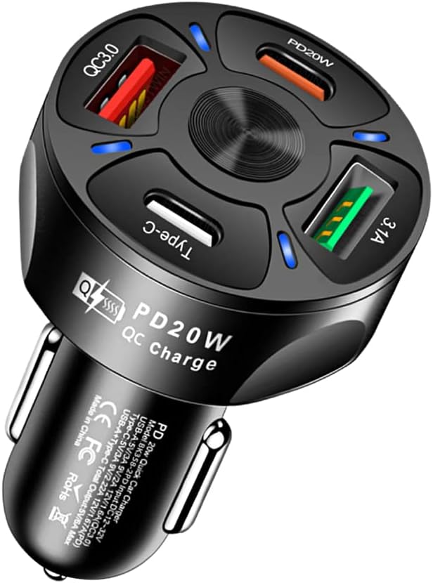 20W Quick Charge Car Charger with LED Light - USB C Adapter
