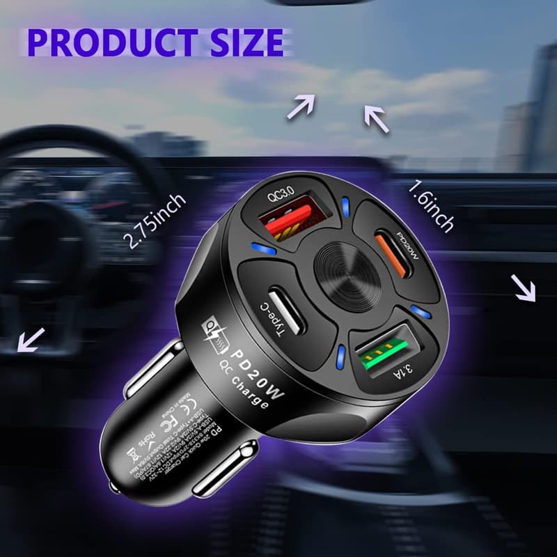 20W Quick Charge Car Charger with LED Light - USB C Adapter
