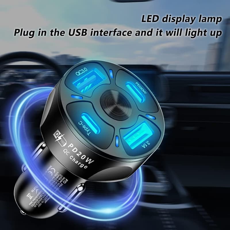 20W Quick Charge Car Charger with LED Light - USB C Adapter