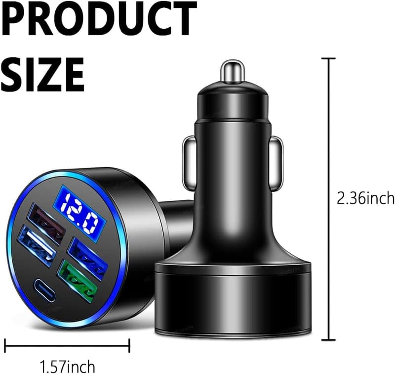 Compact 5-Port USB Car Charger with LED & Voltage Monitor