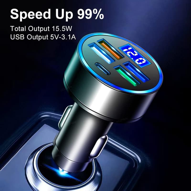 Compact 5-Port USB Car Charger with LED & Voltage Monitor