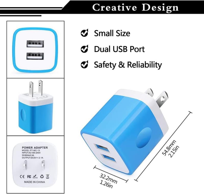 5-Pack USB Wall Chargers, 2.1A Power Adapters for iPhone & Samsung