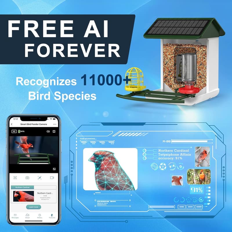 Solar-Powered Bird Feeder Camera with App Alerts & Two-Way Audio