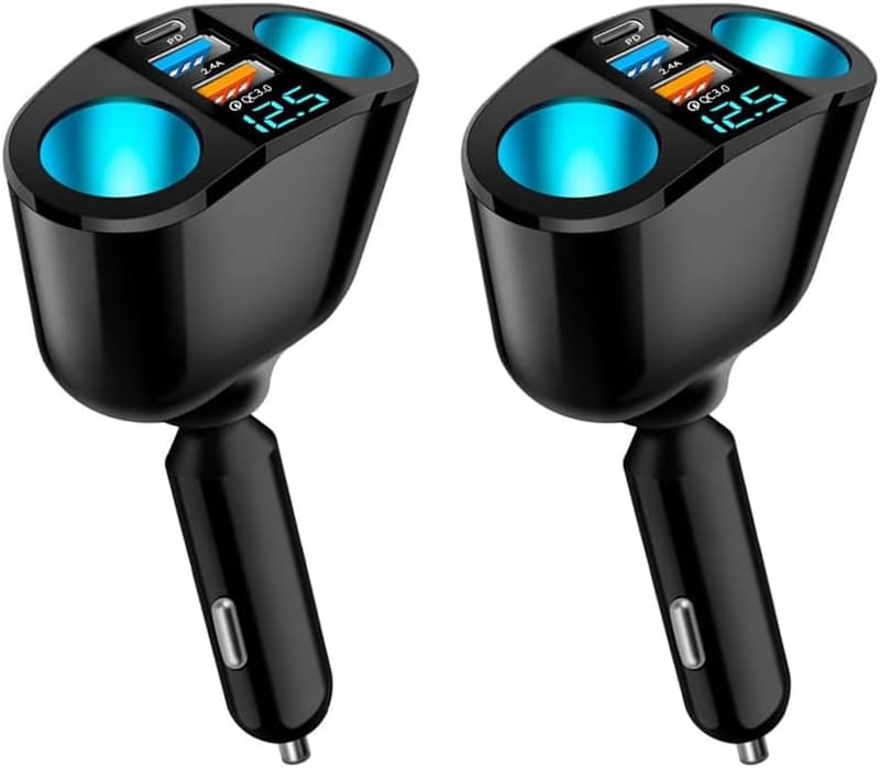 Dual Car Charger Splitter with QC3.0 & PD 20W, LED Voltmeter