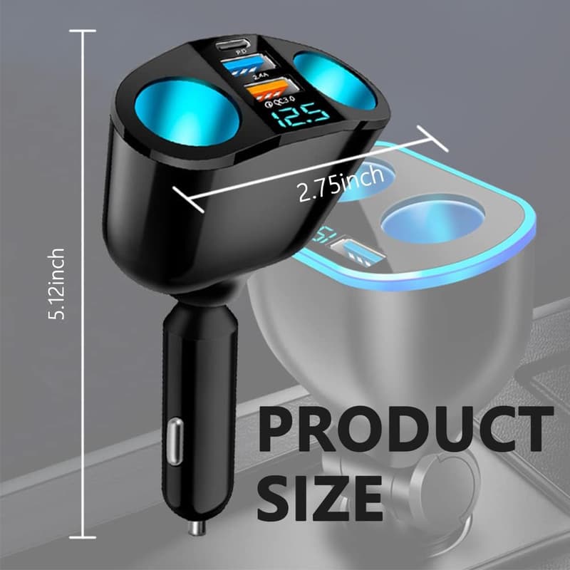 Dual Car Charger Splitter with QC3.0 & PD 20W, LED Voltmeter