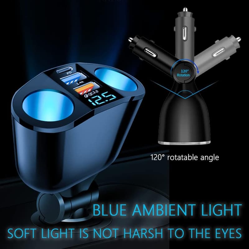 Dual Car Charger Splitter with QC3.0 & PD 20W, LED Voltmeter