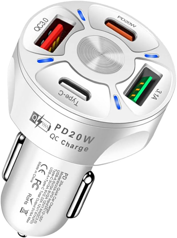 65W Car Charger Adapter with 4 Ports & Fast Charging