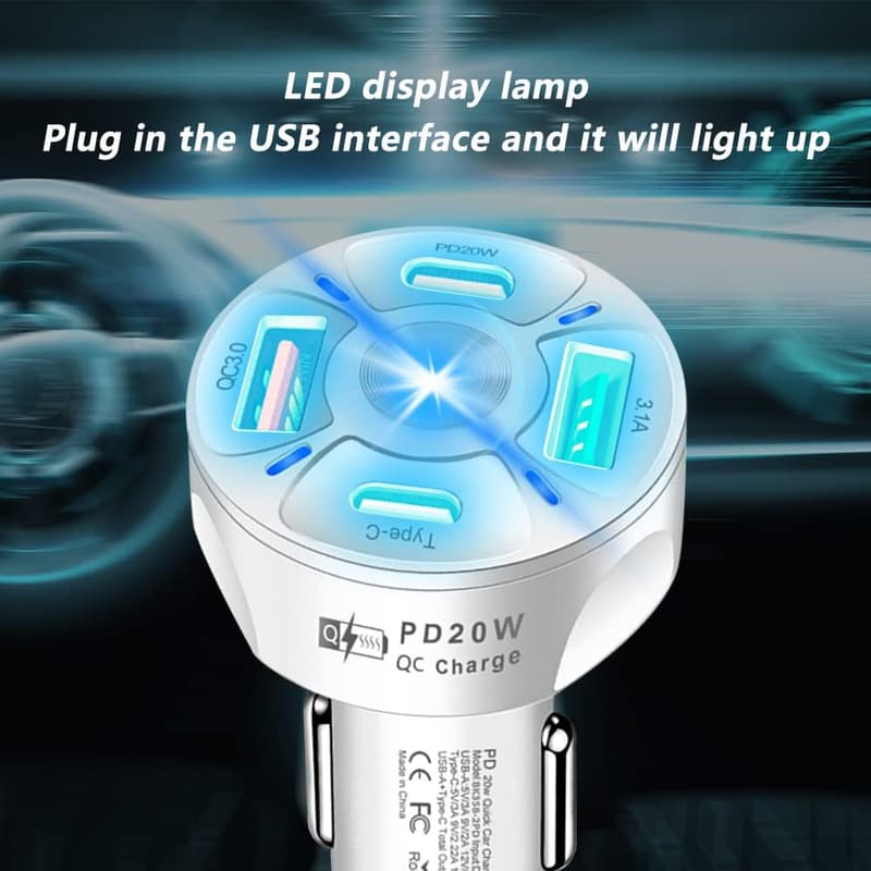 65W Car Charger Adapter with 4 Ports & Fast Charging