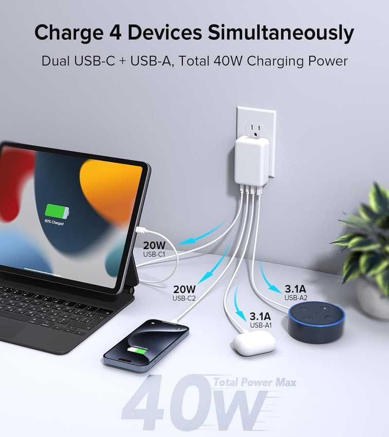 40W 4-Port USB-C Fast Wall Charger - Slim & Foldable Design