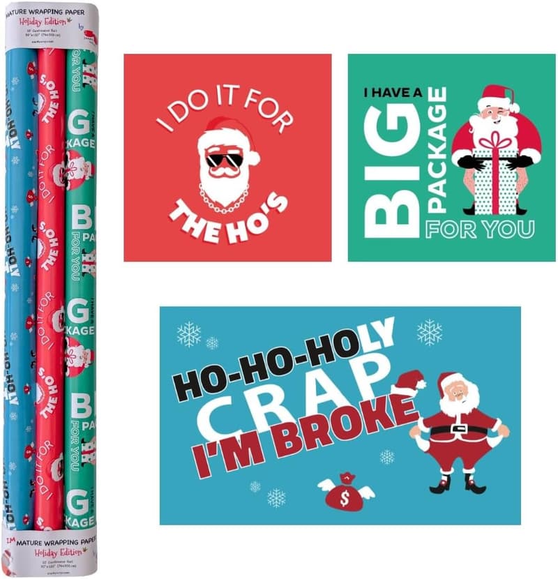 Funny Christmas Gift Wrap Paper - Three 10ft Rolls