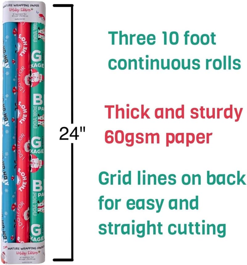 Funny Christmas Gift Wrap Paper - Three 10ft Rolls