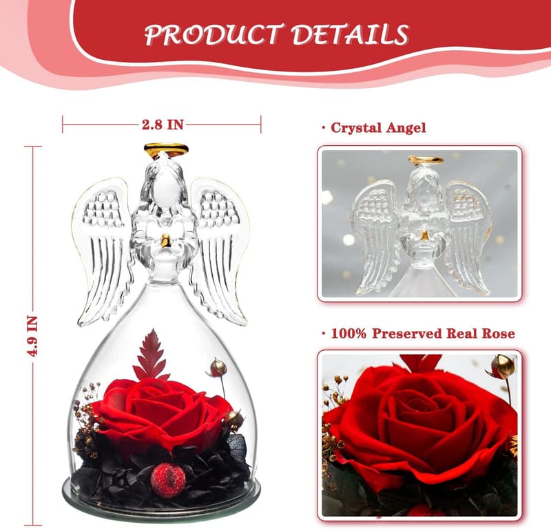 Mother's Day Preserved Rose Glass Angel Figurine Gift for Mom