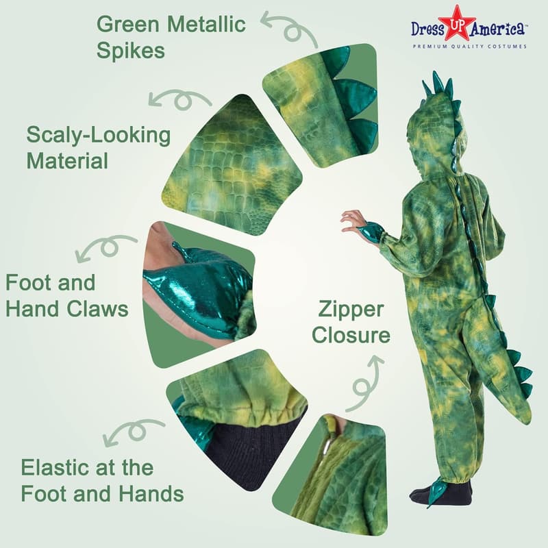 Kids T-Rex Costume – Green Dinosaur Jumpsuit for Halloween