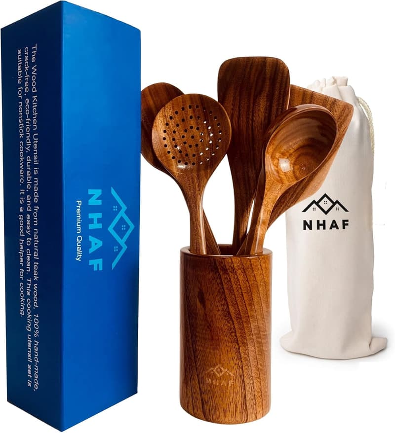 Eco-Friendly Wooden Utensil Set with Holder for Moms