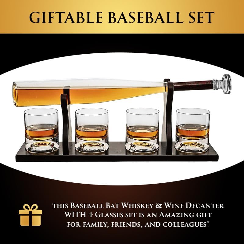 Baseball Coach Spirits Set with Bat Decanter & Glasses - Gifts for Men