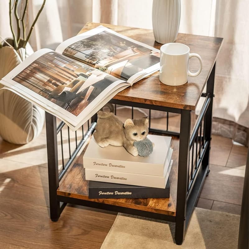 Industrial Side Table with 2-Tier Storage Shelf, 18
